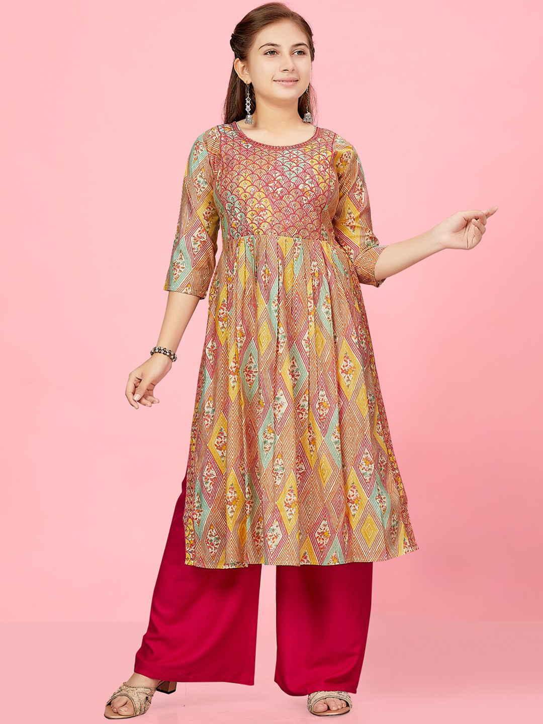 

Aarika Girls Ethnic Motifs Printed Mirror Work A-Line Kurta, Pink
