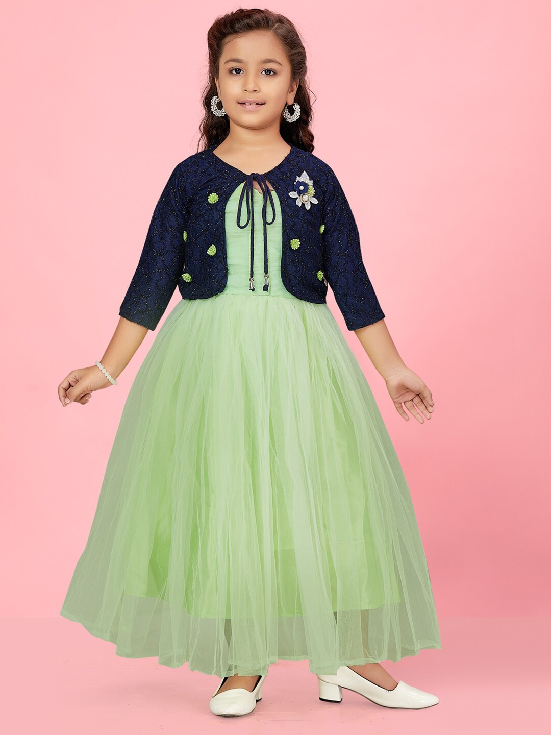 

Aarika Girls Round Neck Gathered Nylon Maxi Dress With Jacket, Green