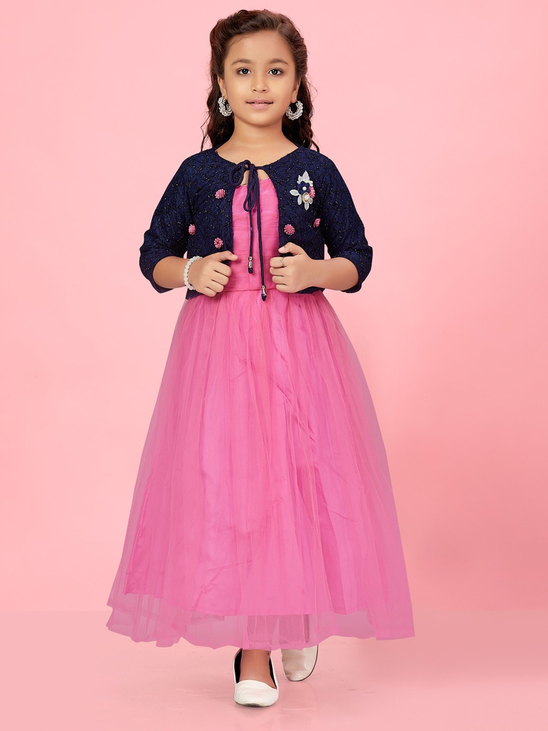 

Aarika Girls Round Neck Gathered Nylon Maxi Dress With Jacket, Pink