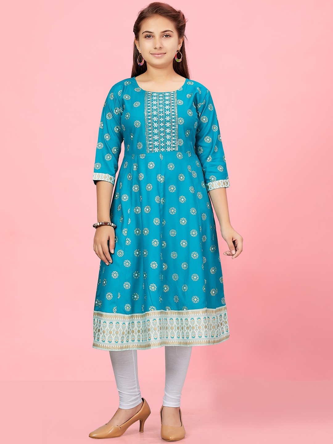 

Aarika Girls Ethnic Motifs Printed Pure Cotton Kurta With Leggings, Turquoise blue