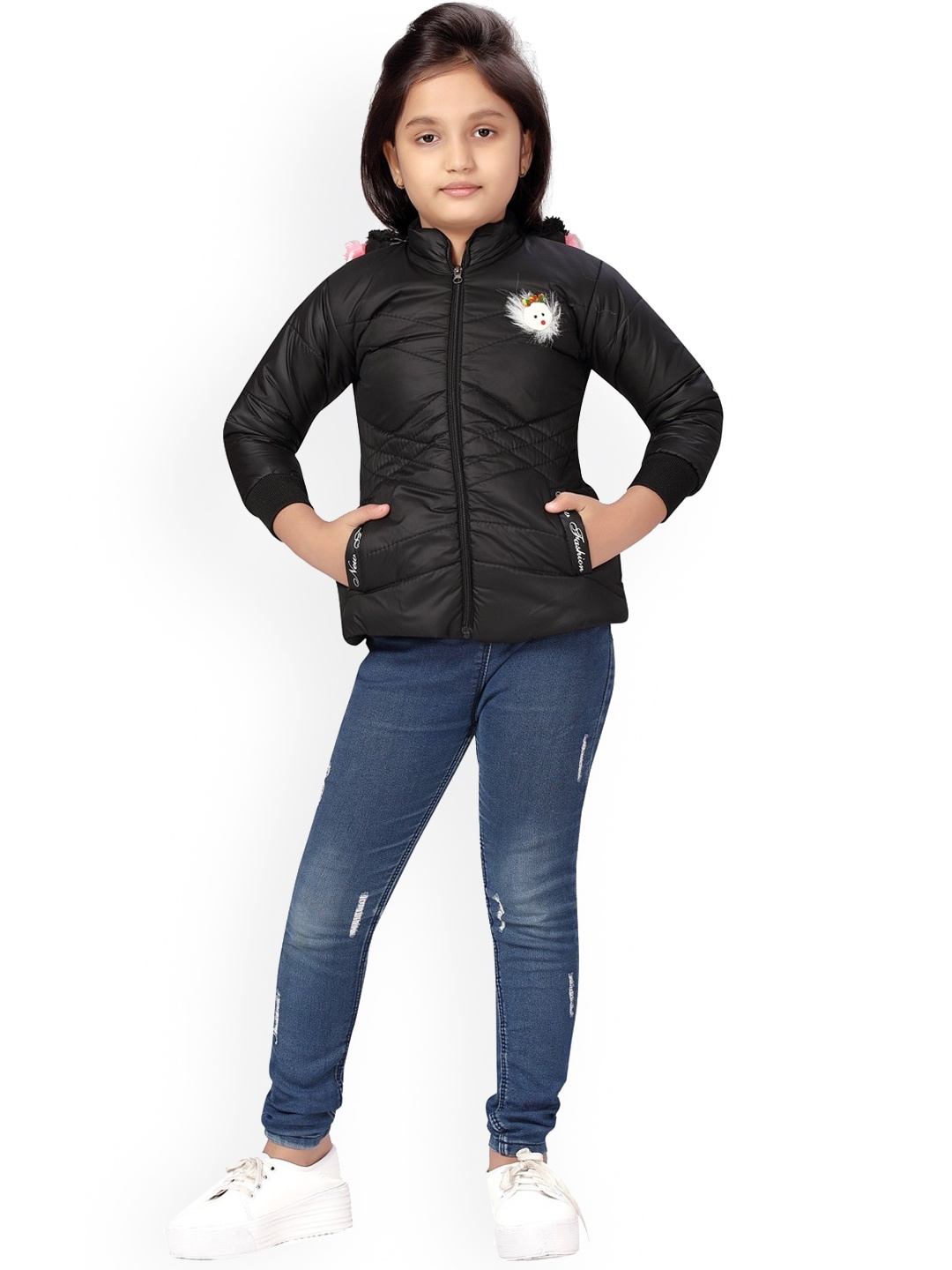 

Aarika Girls Mock Collar Faux Fur Trim Padded Jacket, Black