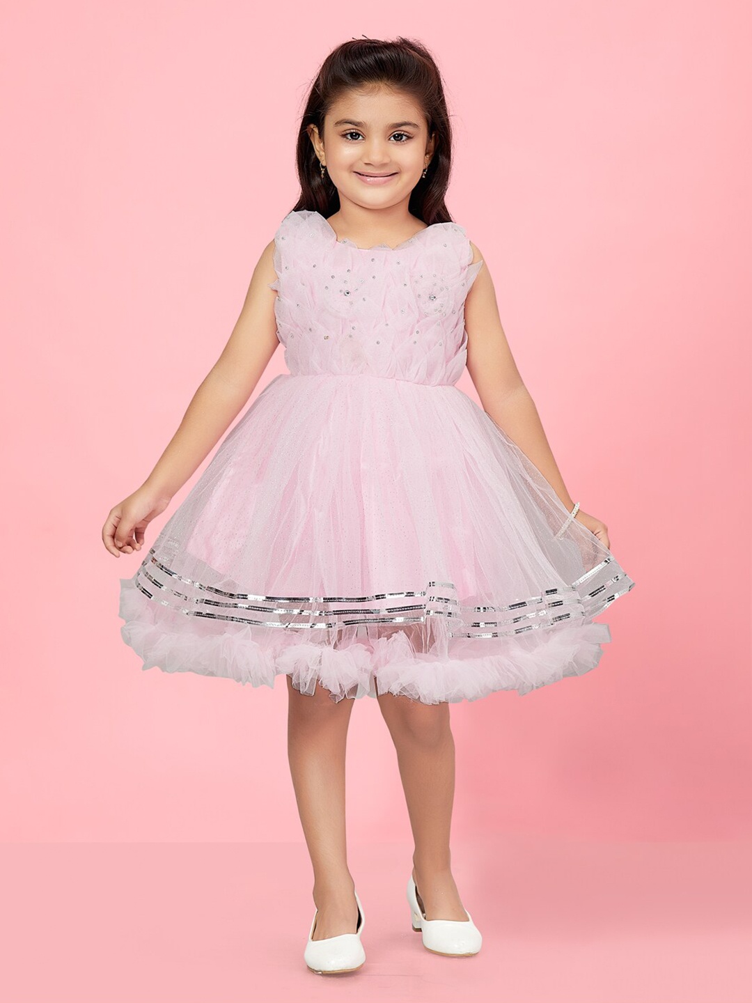 

Aarika Girls Embellished Corsage Detailed Net Fit & Flare Dress, Pink