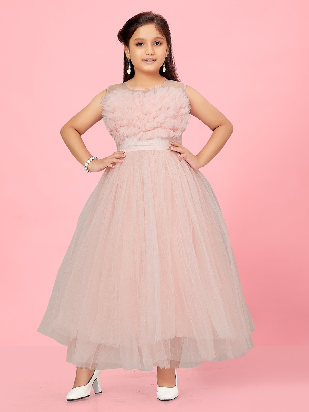 

Aarika Girls Ruffles Detailed Net Maxi Dress, Peach