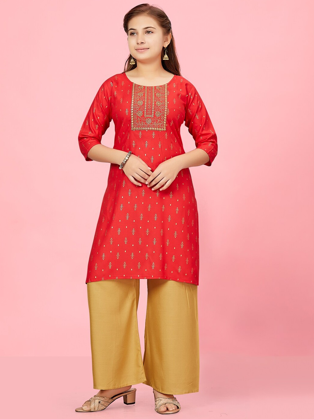 

Aarika Girls Ethnic Motifs Printed Regular Sequinned Pure Cotton Kurta With Palazzos, Red