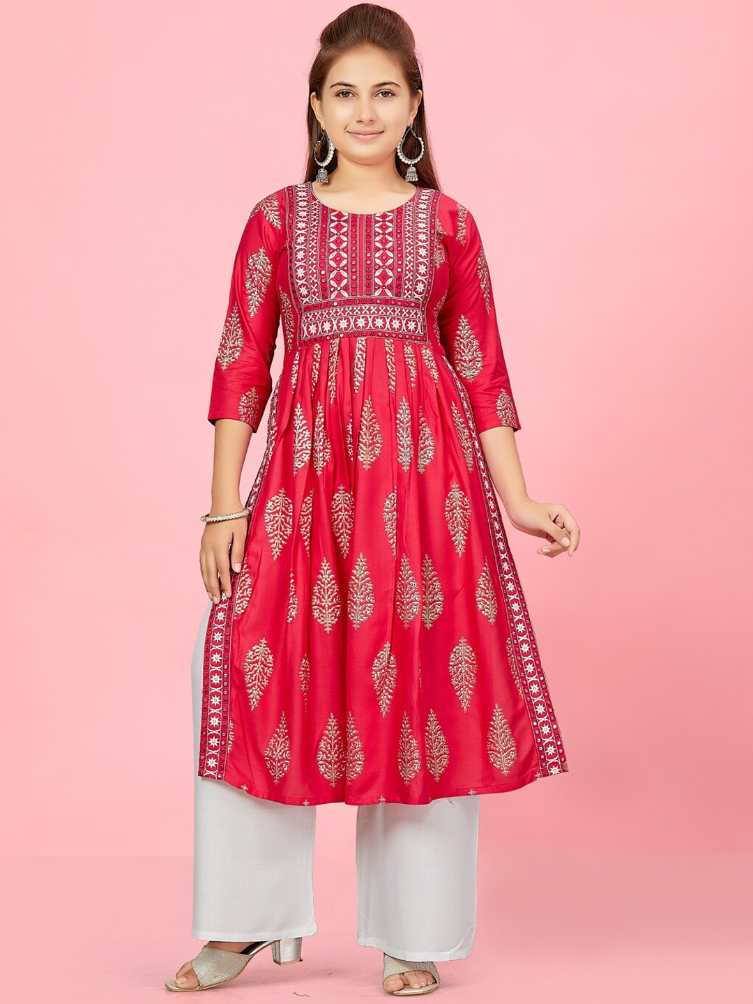 

Aarika Girls Ethnic Motifs Printed Sequinned Pure Cotton Pleated A-Line Kurta With Palazzo, Pink