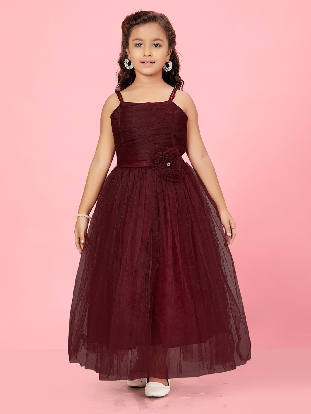 

Aarika Girls Shoulder Straps Gathered Detailed Net Fit & Flare Maxi Dress, Burgundy