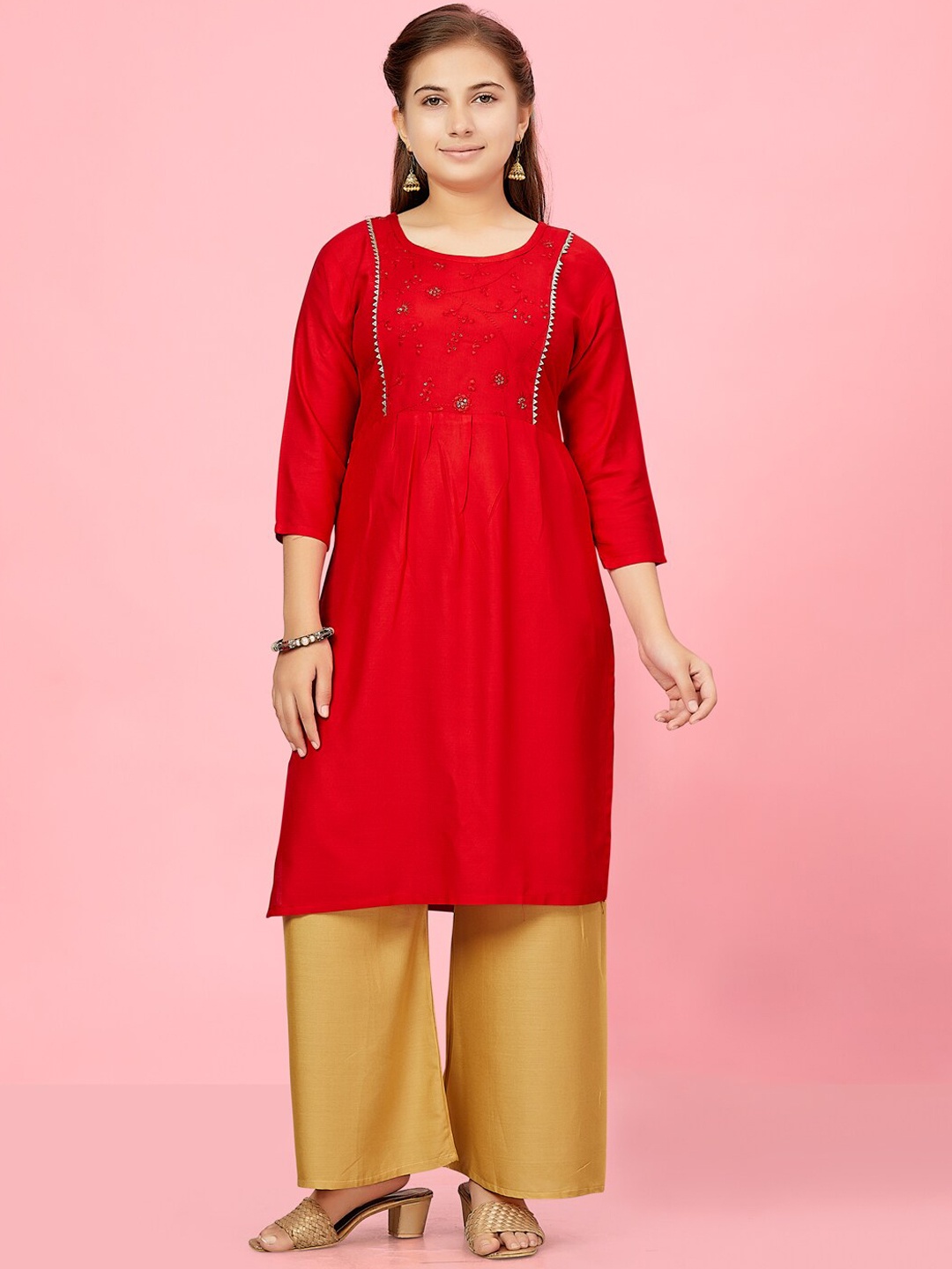 

Aarika Girls Embroidered Thread Work Straight Kurta, Red