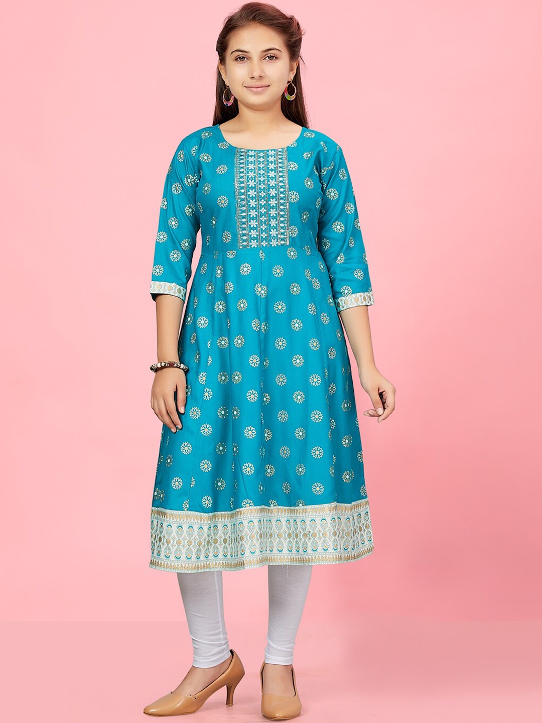 

Aarika Girls Ethnic Motifs Printed A-Line Kurta, Turquoise blue