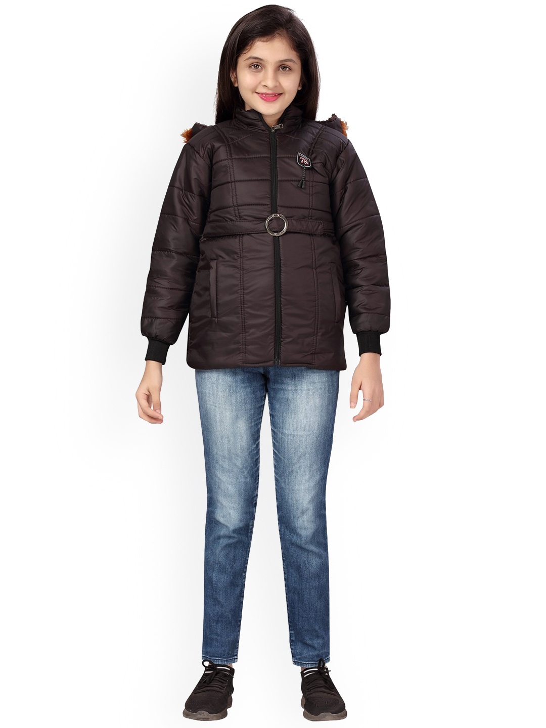 

Aarika Girls Mock Collar Faux Fur Trim Padded Jacket, Brown