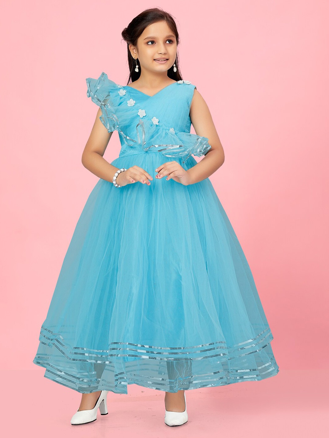 

Aarika V-Neck Embellished Ruffles Detailed Net Maxi Dress, Blue