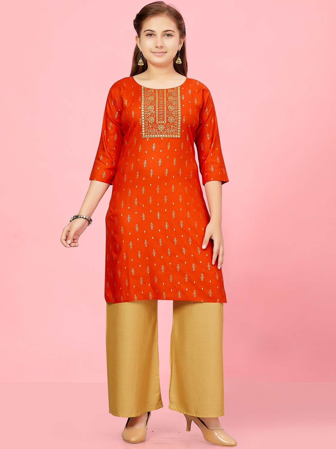 

BAESD Girls Ethnic Motifs Printed Thread Work Straight Pure Cotton Kurta with Palazzos, Orange