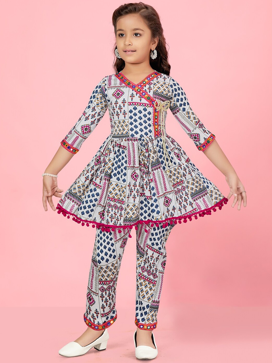

BAESD Girls Ethnic Motifs Printed Mirror Work Angrakha Anarkali Kurti with Trousers, White