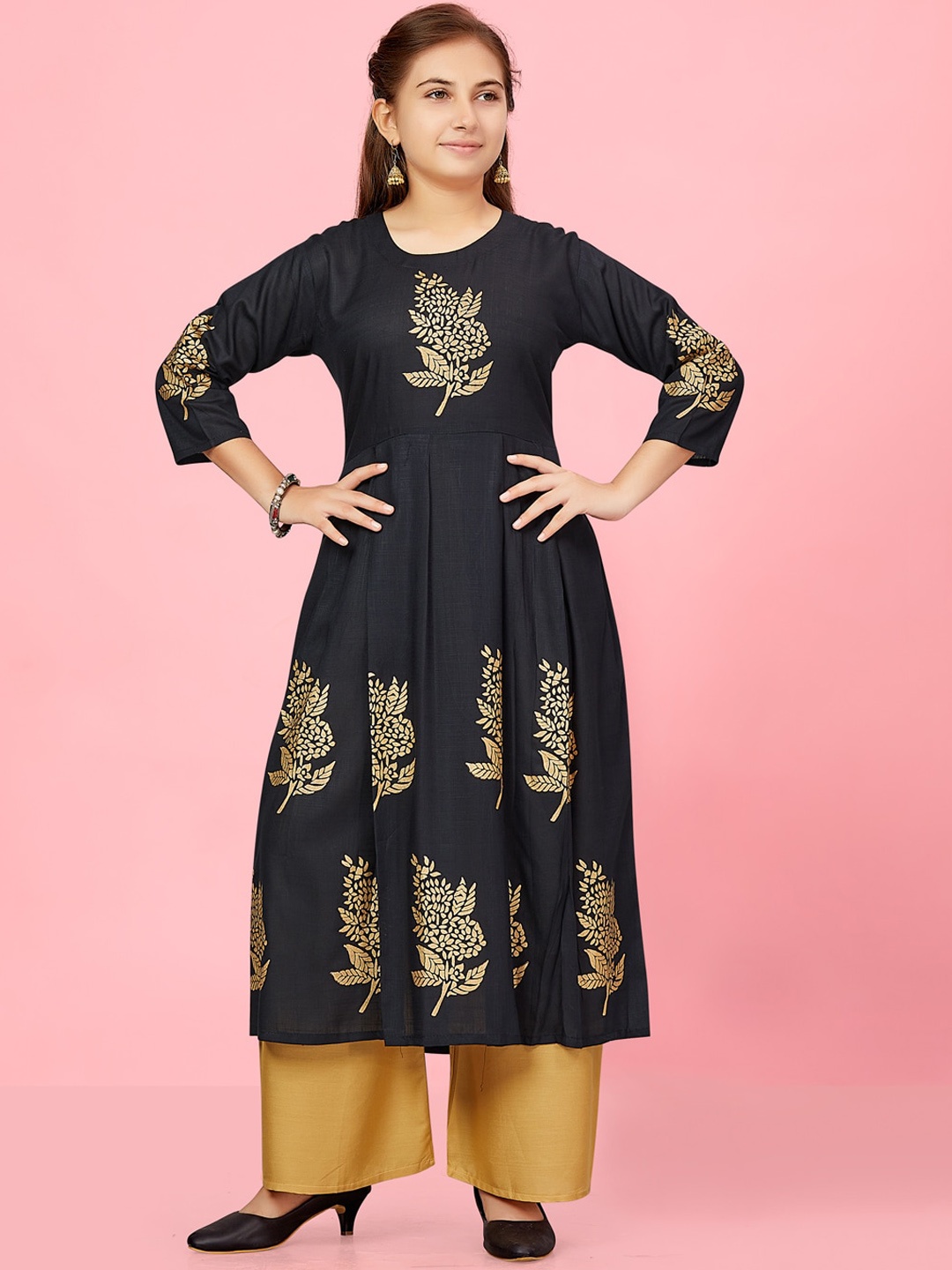 

BAESD Girls Ethnic Motifs Printed Anarkali Cotton Kurta, Black