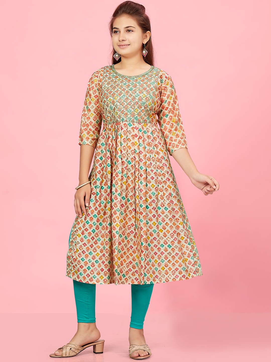 

BAESD Girls Ethnic Motifs Printed Thread Work Pleated A-Line Kurta, Green