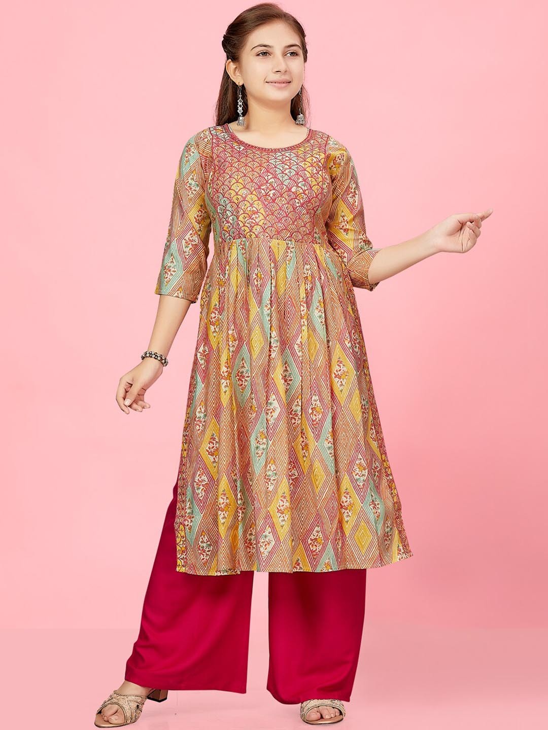 

BAESD Girls Geometric Printed Sequinned Anarkali Silk Kurta, Pink