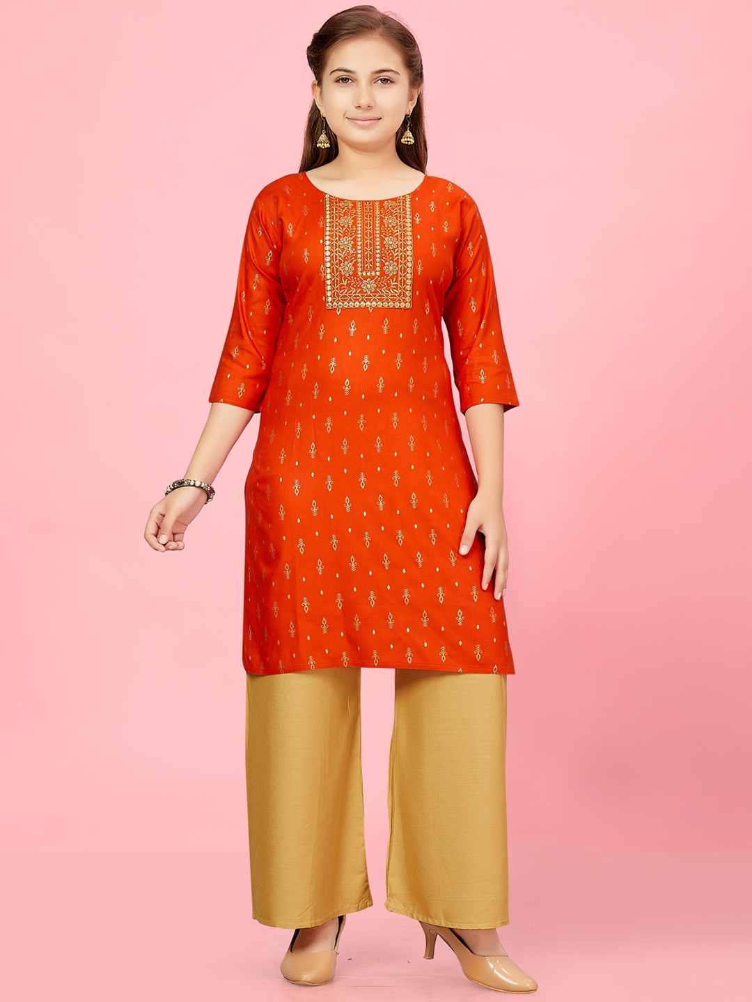 

BAESD Girls Ethnic Motifs Printed Thread Work Cotton Straight Kurta, Orange