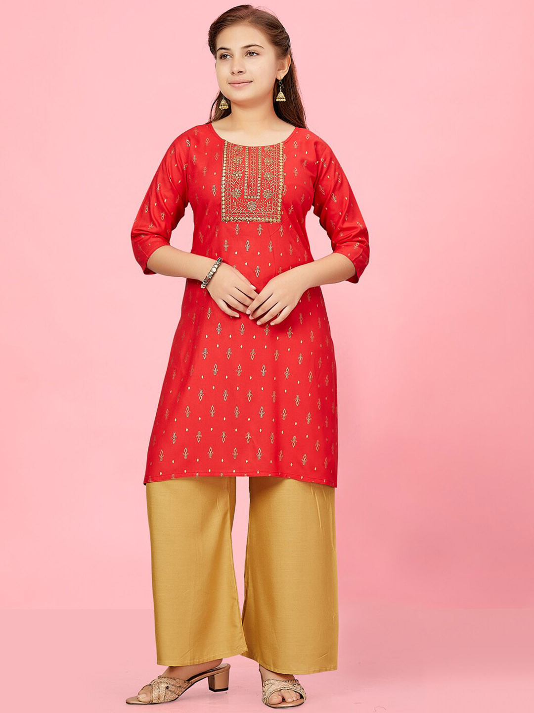 

BAESD Girls Ethnic Motifs Printed Thread Work Cotton Straight Kurta, Red