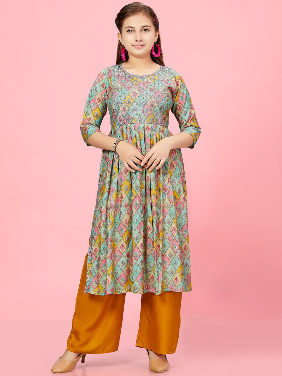 

BAESD Girls Ethnic Motifs Printed Sequinned Anarkali Silk Kurta, Sea green
