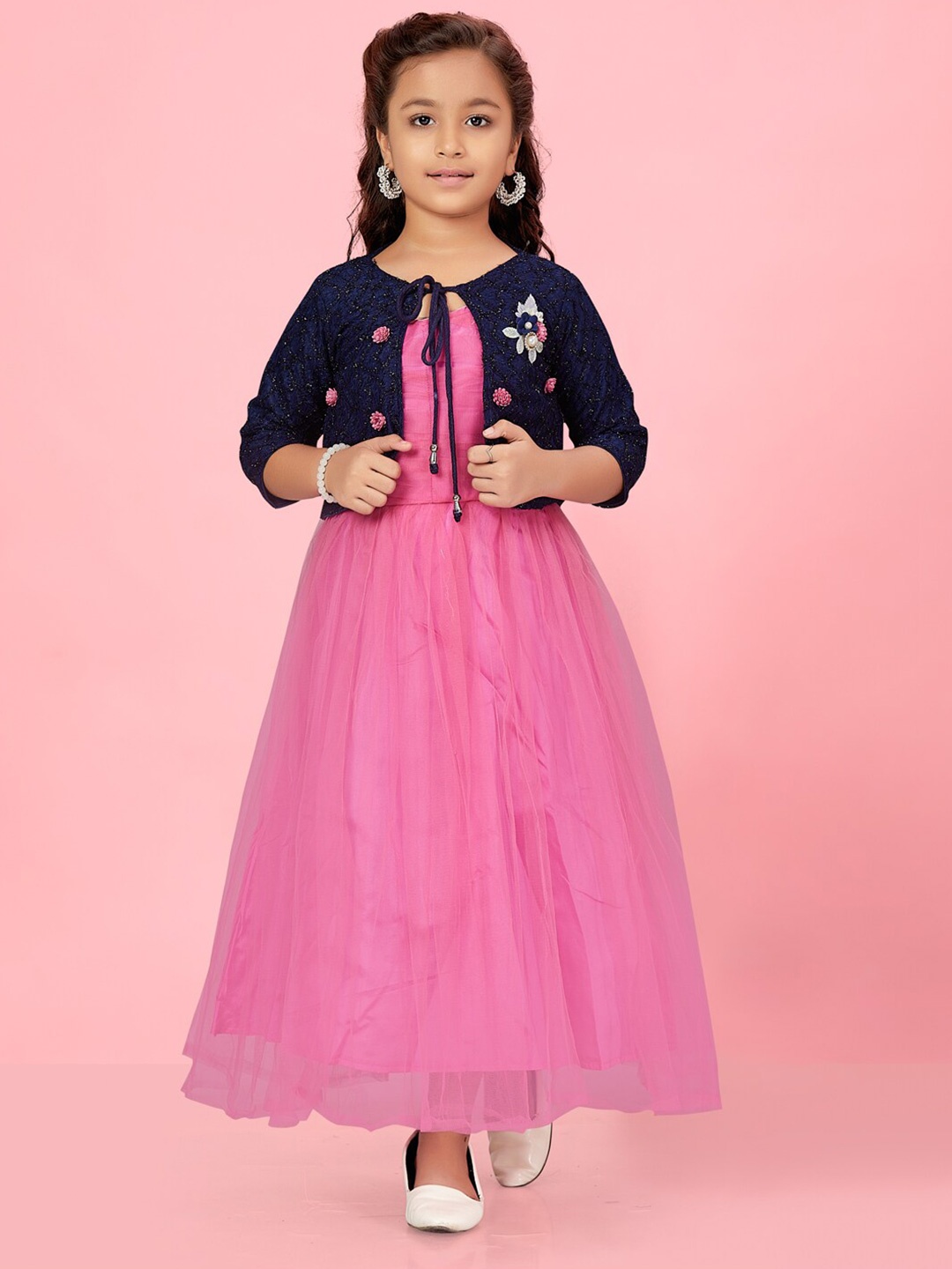 

BAESD Girls Shoulder Straps Gathered Net Gown Dress With Jacket, Pink