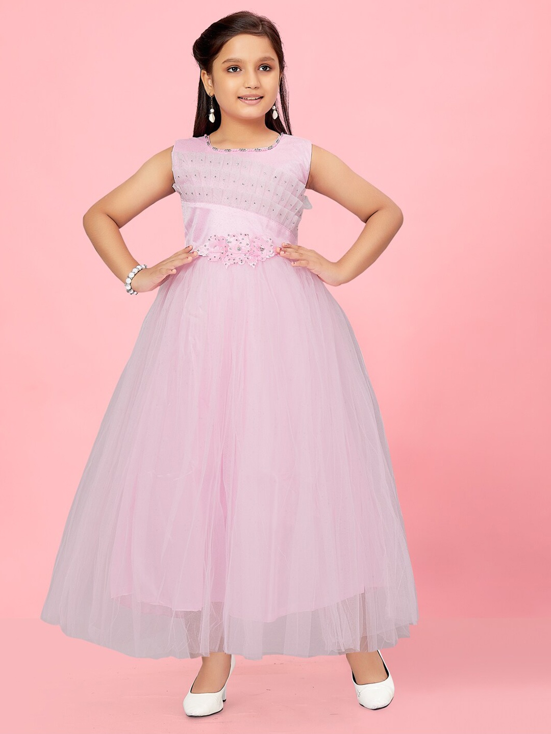 

BAESD Embellished Net Fit & Flare Maxi Dress With Corsage, Pink