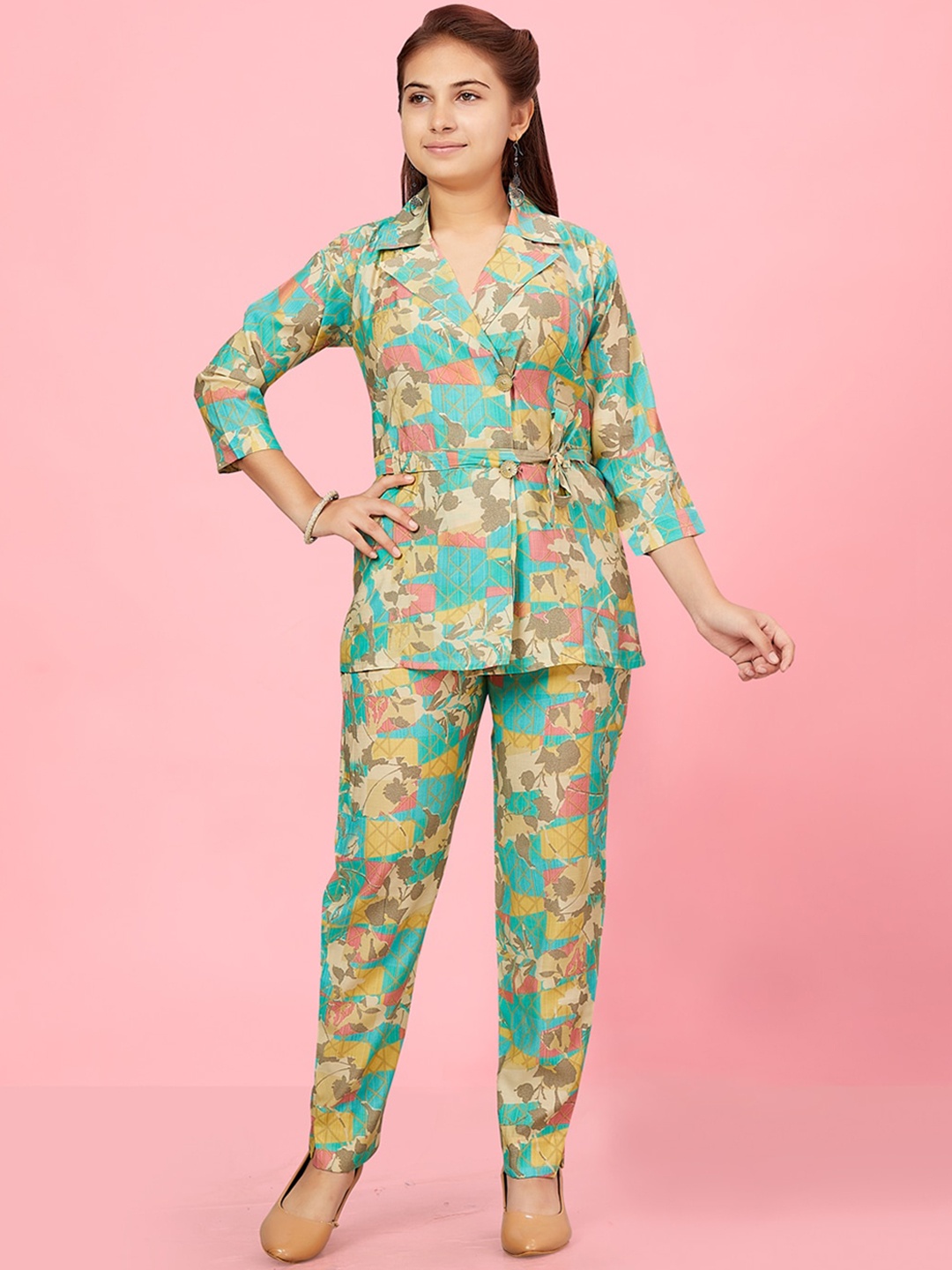 

BAESD Girls Printed Pure Silk Tunic With Trousers, Sea green