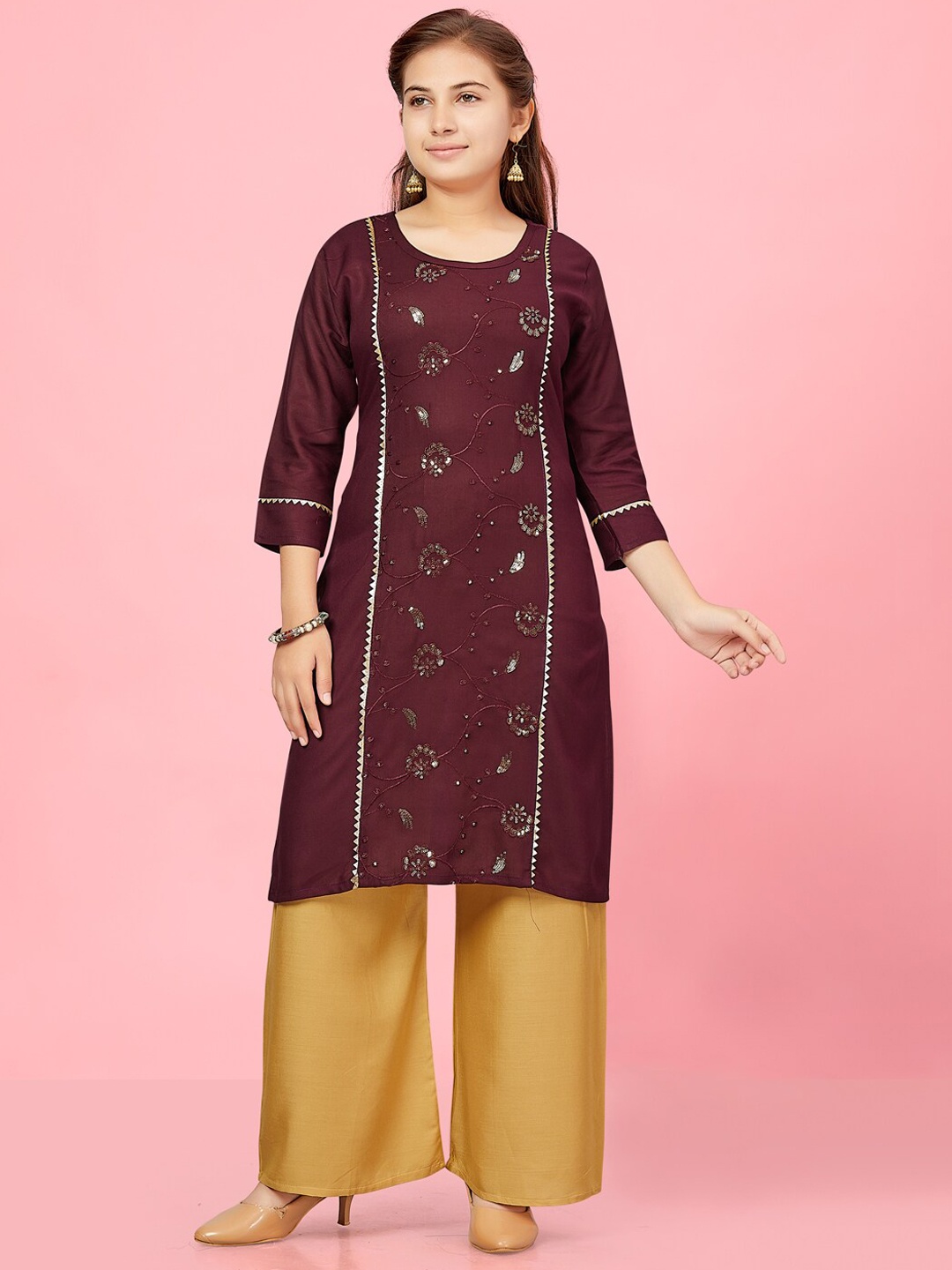 

BAESD Girls Floral Embroidered Regular Thread Work Pure Cotton Kurta with Palazzos, Burgundy