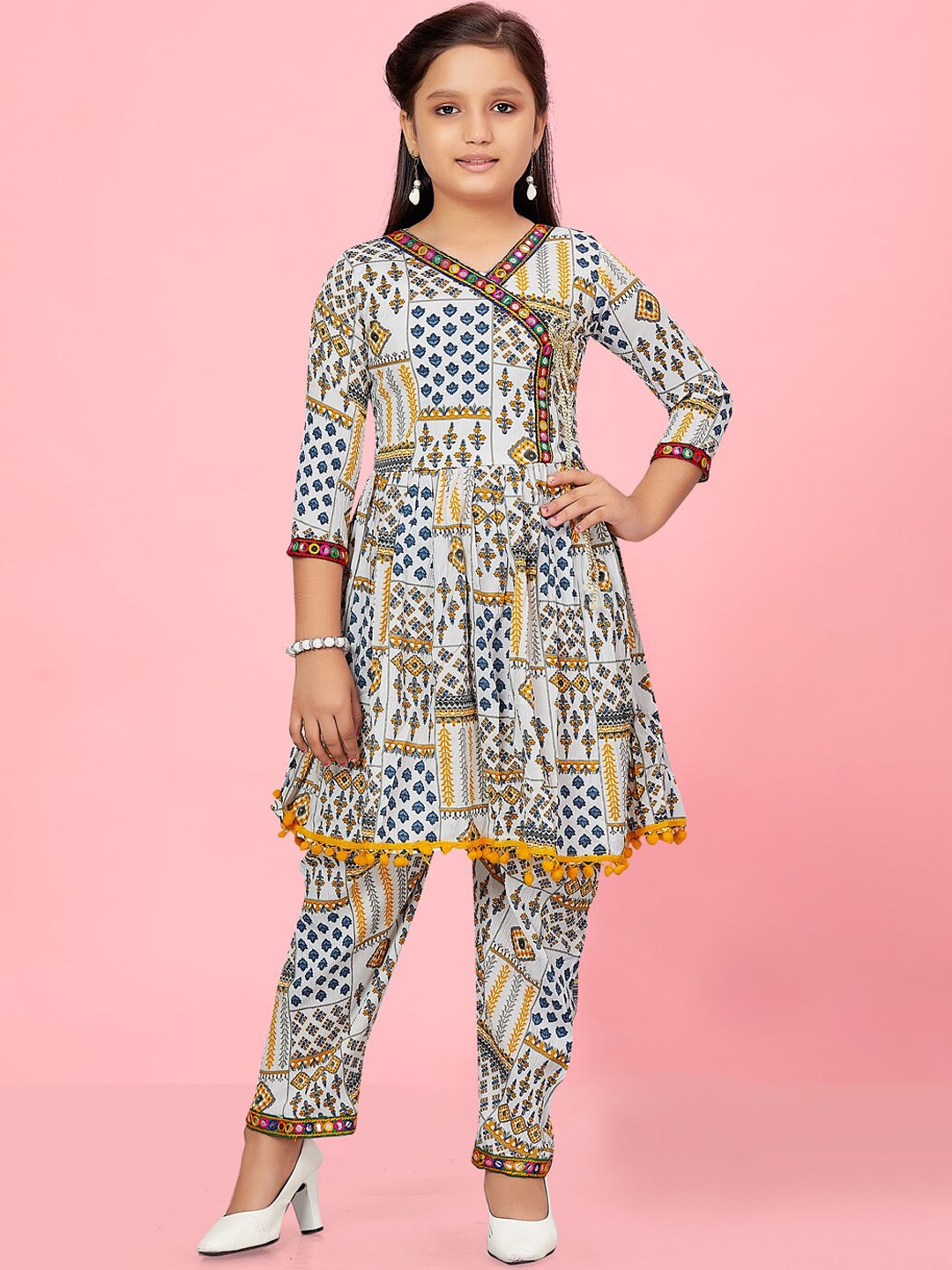 

BAESD Girls Ethnic Motifs Printed Angrakha Mirror Work Kurta with Trousers, White