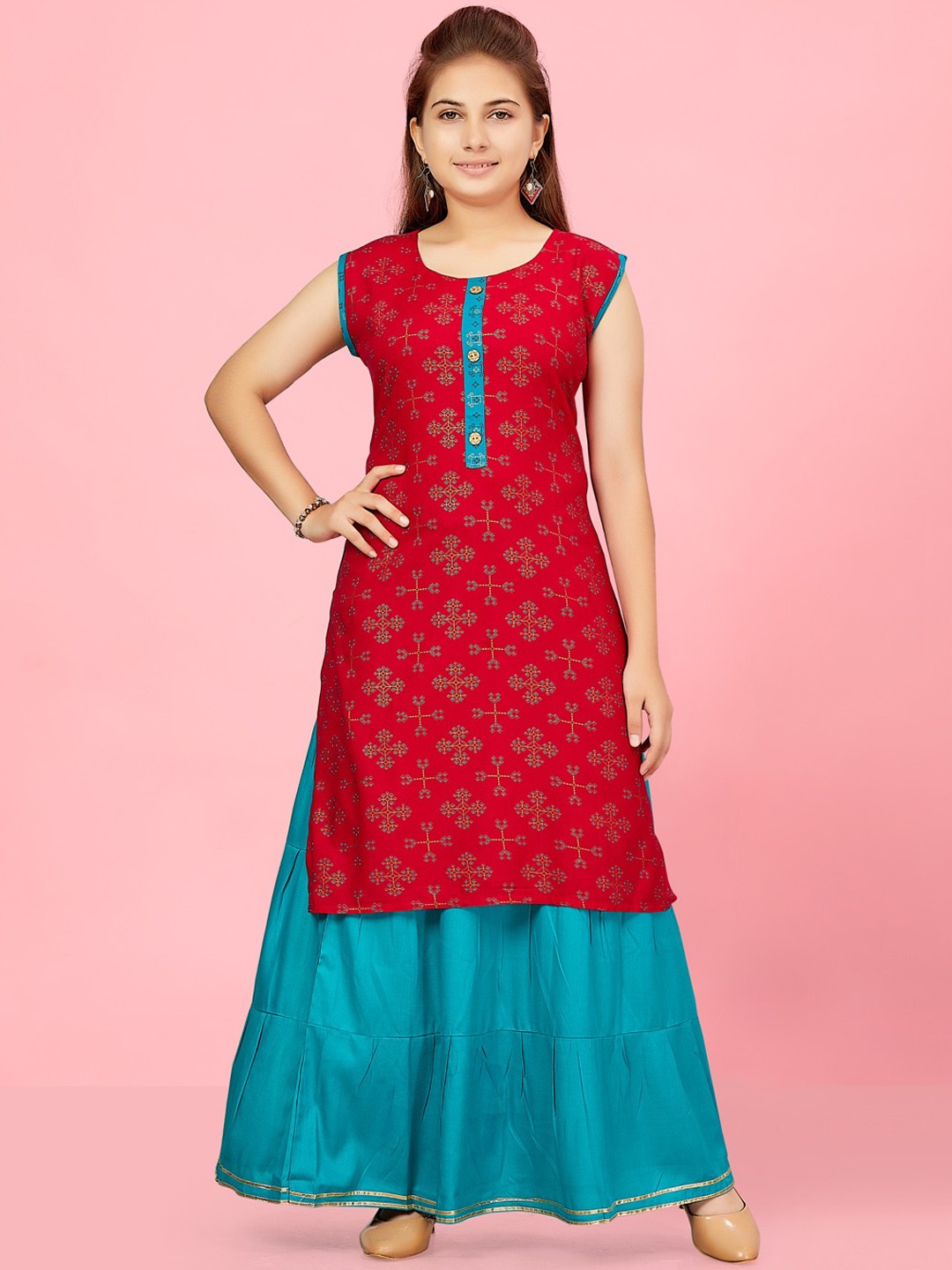 

BAESD Girls Ethnic Motifs Printed Gotta Patti Pure Cotton Regular Kurta with Skirt, Fuchsia