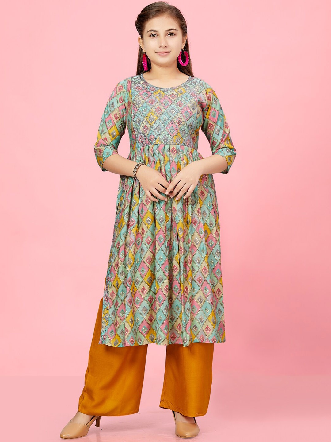 

BAESD Girls Ethnic Motifs Printed Pleated Sequinned Pure Silk Kurta With Palazzos, Sea green