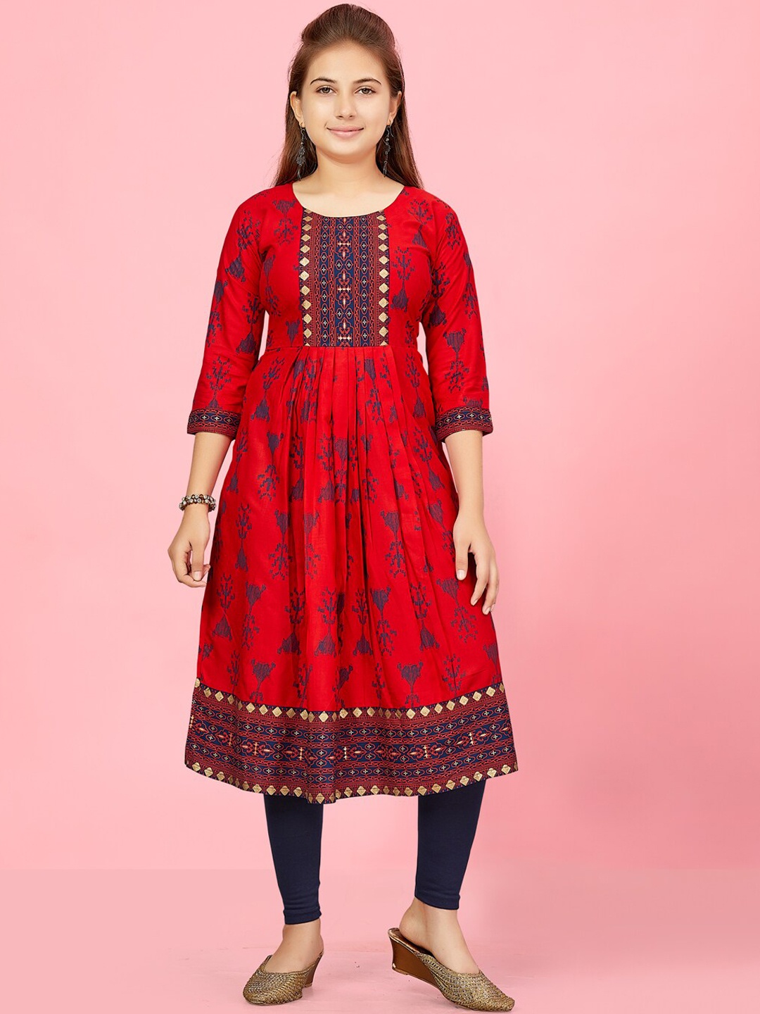 

BAESD Girls Ethnic Motifs Printed Pure Cotton Pleated A-Line Kurta, Red