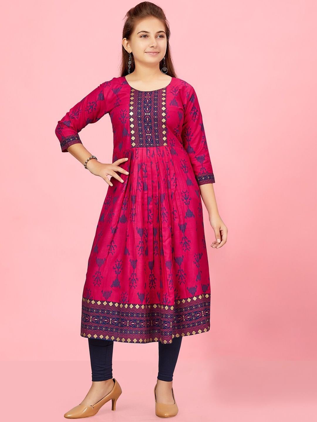 

BAESD Girls Geometric Printed Anarkali Cotton Kurta, Pink