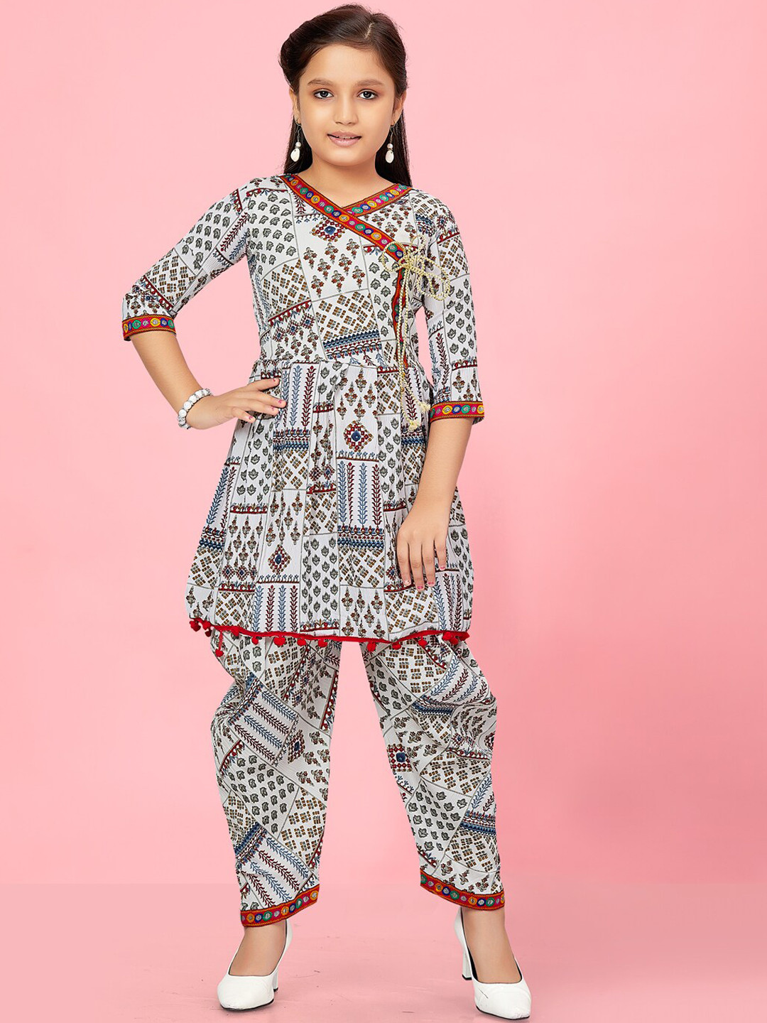 

BAESD Girls Ethnic Motifs Printed Angrakha Mirror Work Kurta with Dhoti Pants, White