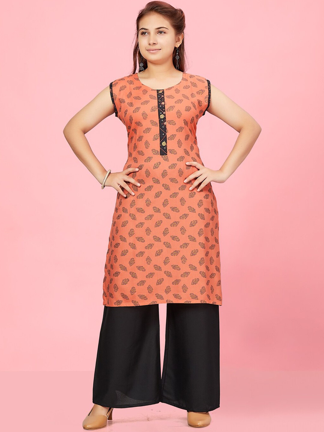 

BAESD Girls Ethnic Motifs Printed Regular Pure Cotton Kurta With Palazzos, Peach