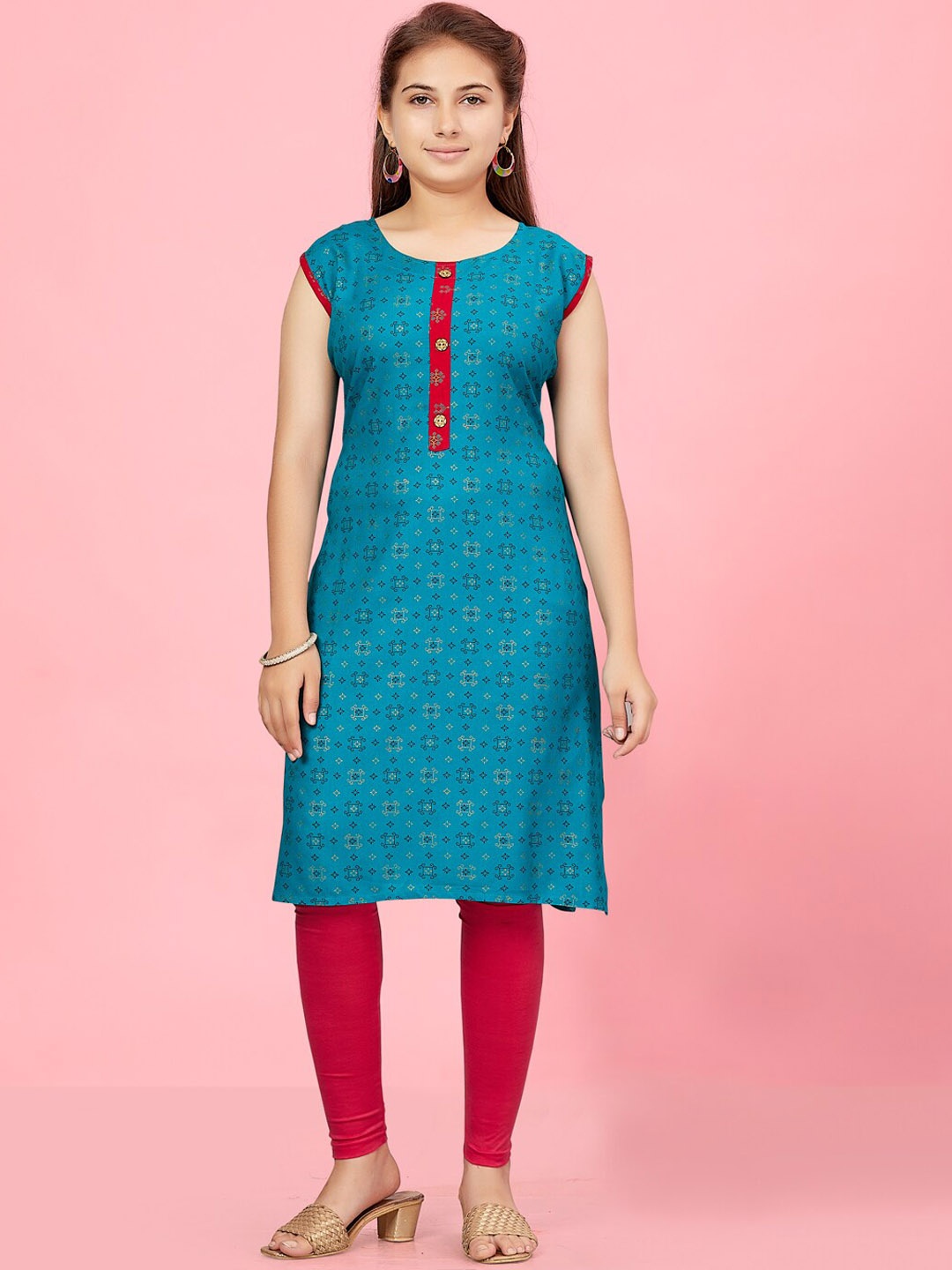 

BAESD Girls Ethnic Motifs Printed Pure Cotton Regular Kurta With Leggings, Blue