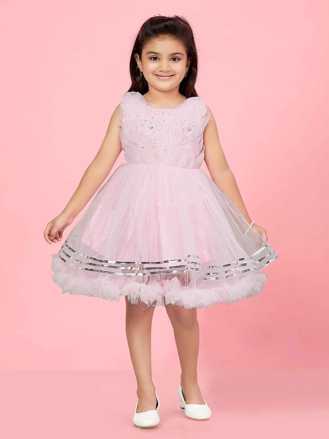 

BAESD Embellished Net Fit & Flare Dress With Corsage, Pink