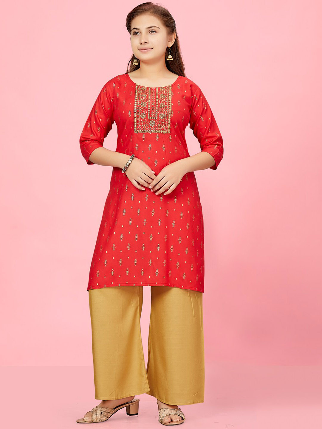 

BAESD Girls Ethnic Motifs Printed Regular Thread Work Pure Cotton Kurti With Palazzos, Red