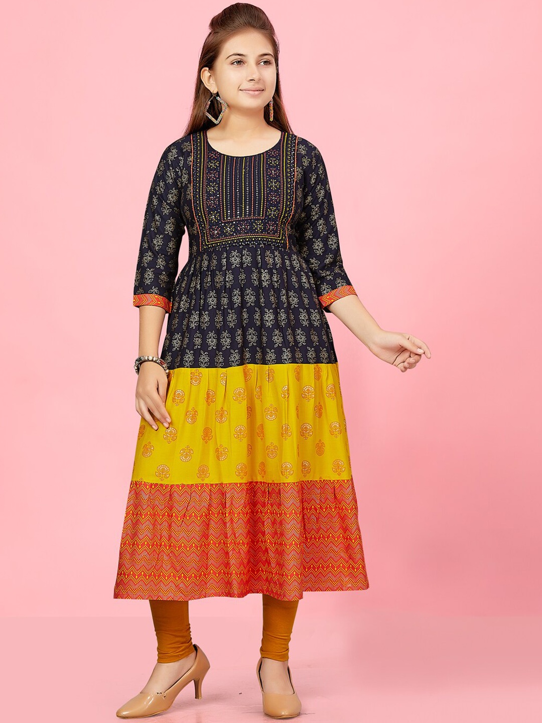 

BAESD Girls Ethnic Motifs Printed Thread Work Pure Cotton Pleated A-Line Kurta & Leggings, Navy blue