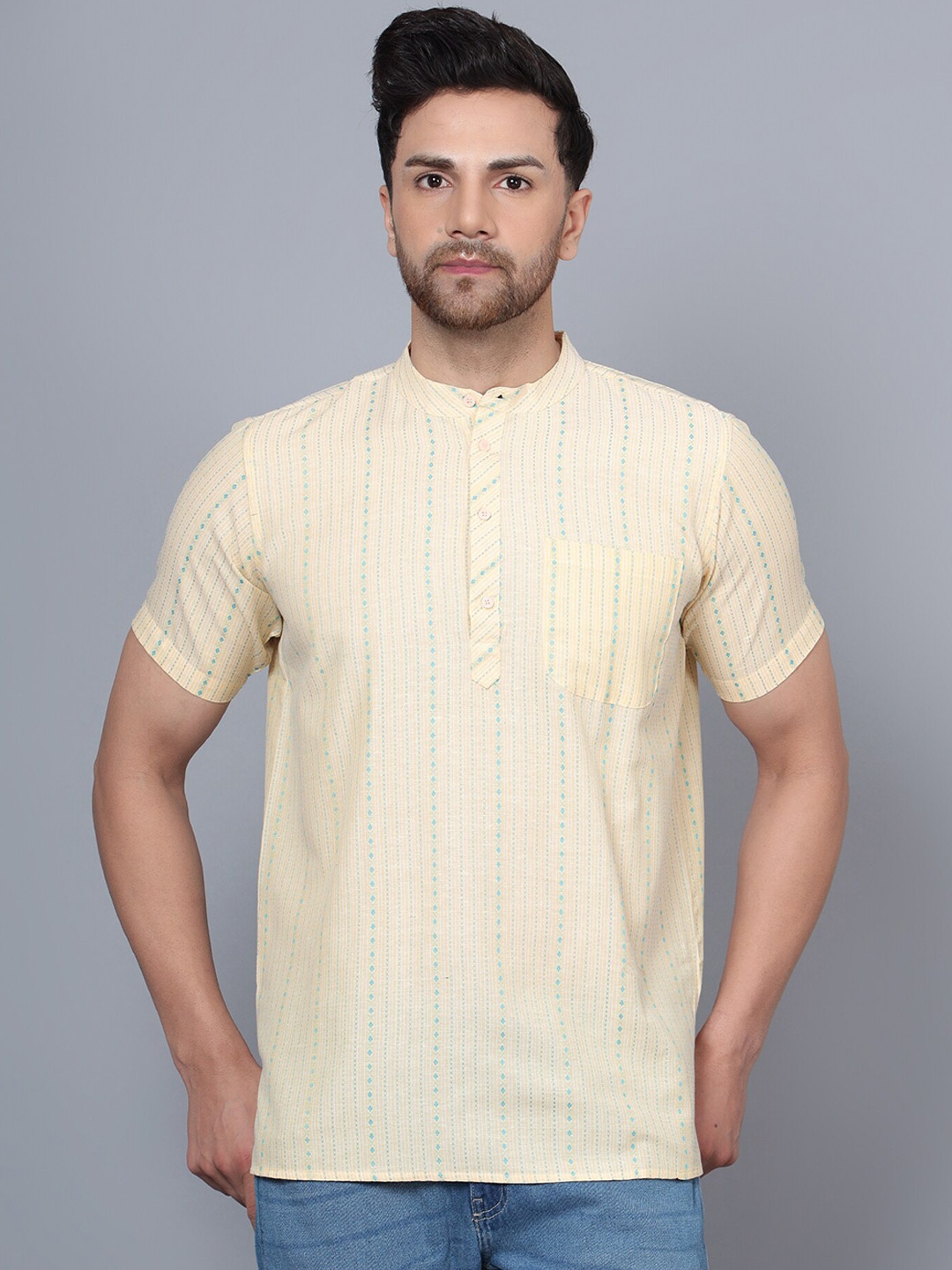 

Latest Chikan Garments Striped Band Collar Pure Cotton Short Kurta, Yellow
