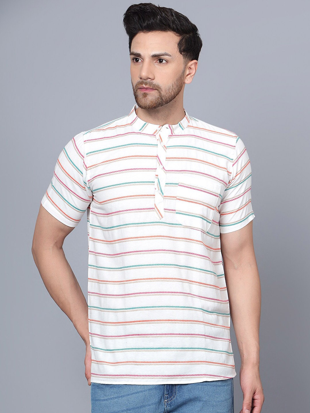 

Latest Chikan Garments Striped Band Collar Pure Cotton Short Kurta, White
