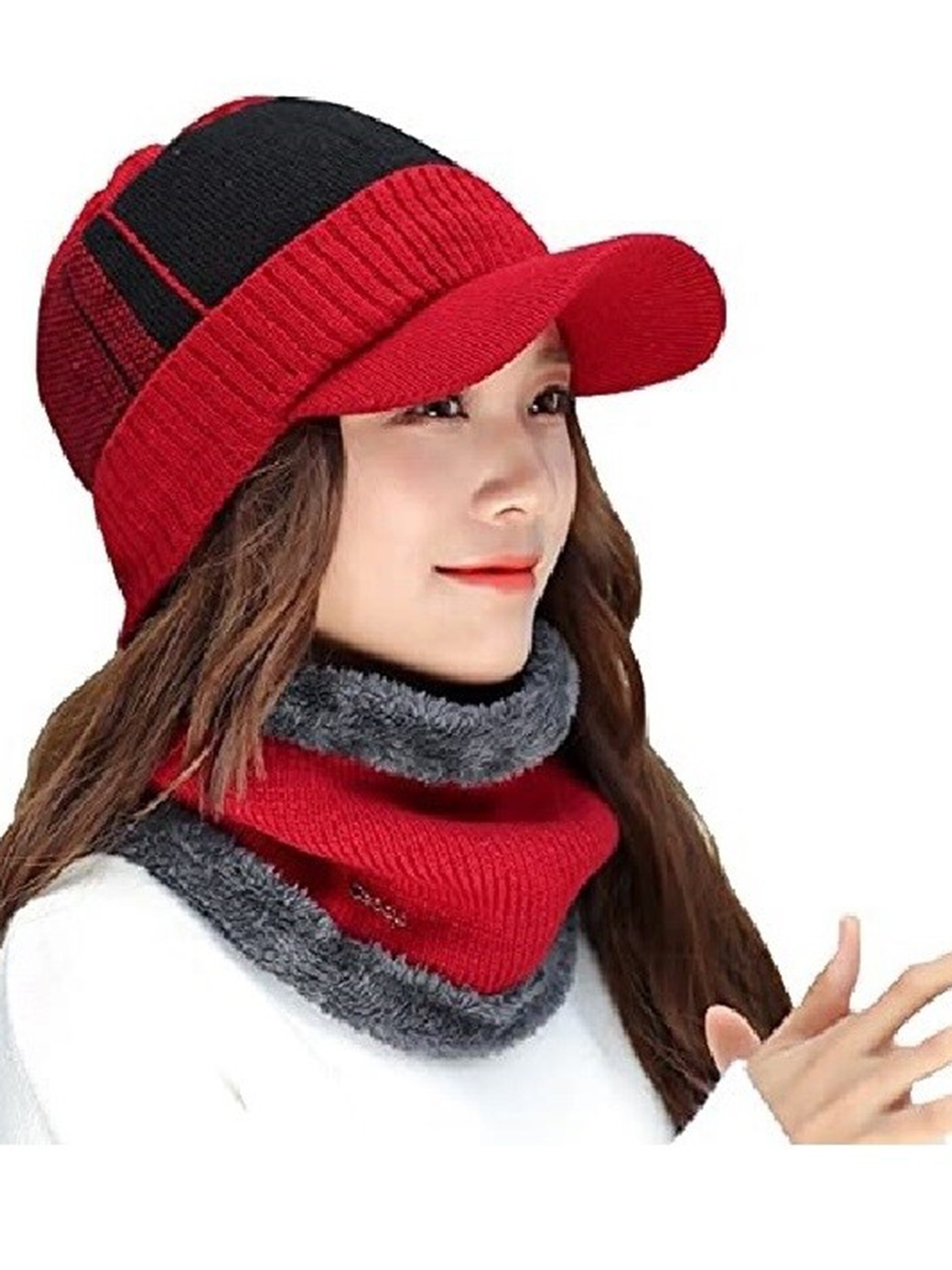 

Gajraj Unisex Colourblocked Woollen Beanie With Neck Warmer, Red