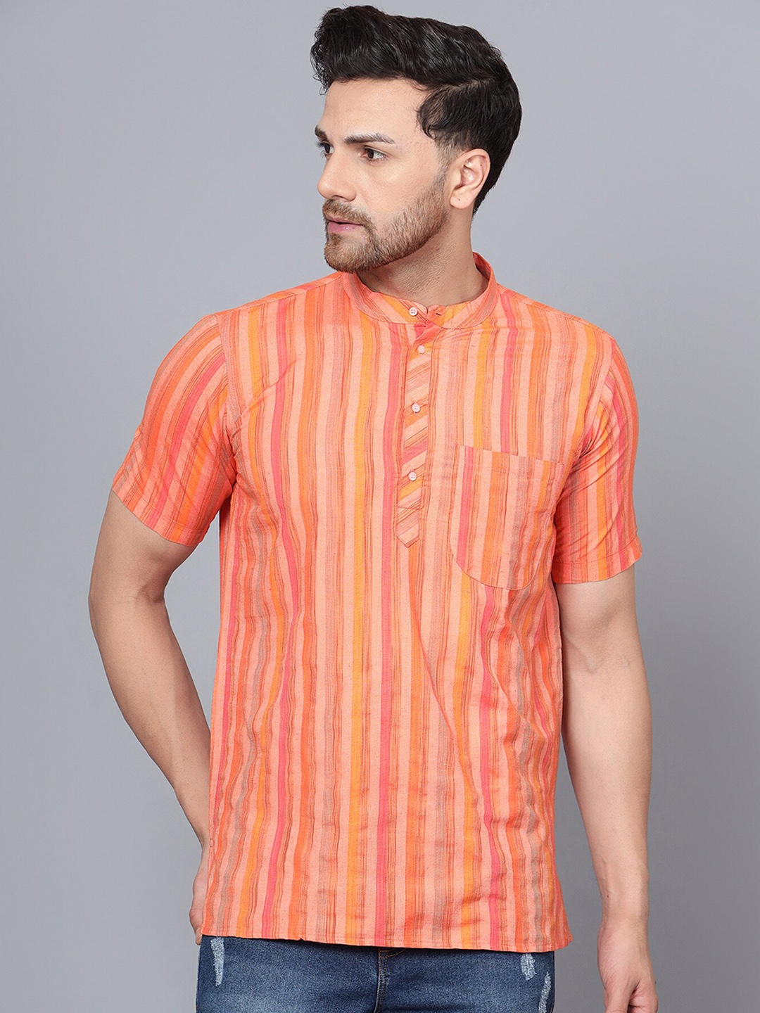 

Latest Chikan Garments Striped Band Collar Pure Cotton Short Kurta, Orange