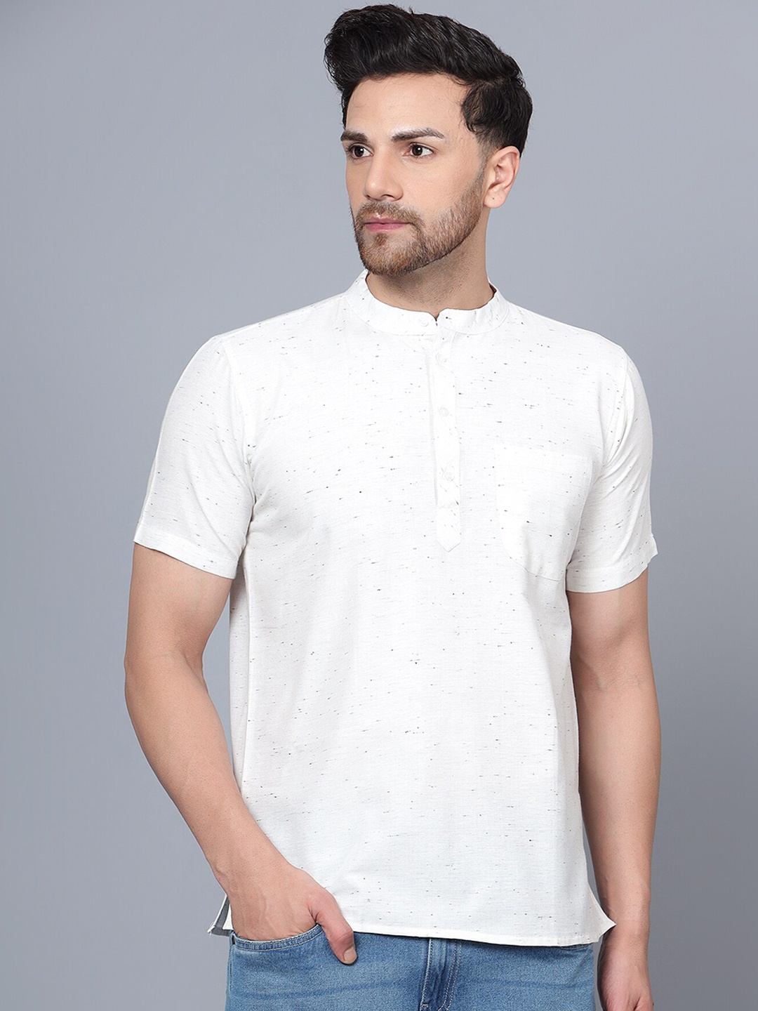 

Latest Chikan Garments Striped Band Collar Pure Cotton Short Kurta, White
