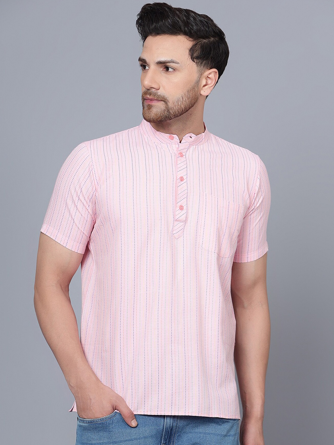 

Latest Chikan Garments Striped Band Collar Pure Cotton Short Kurta, Pink