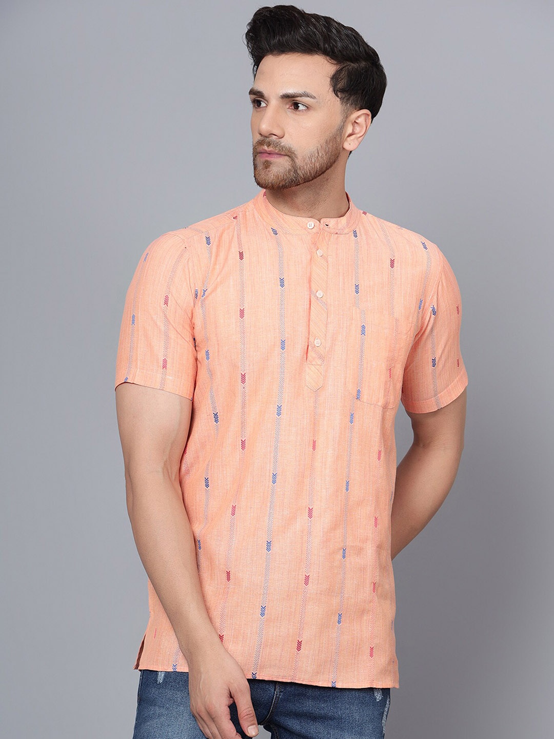 

Latest Chikan Garments Striped Band Collar Pure Cotton Short Kurta, Peach
