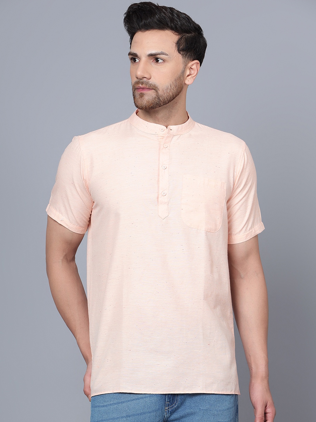 

Latest Chikan Garments Mandarin Collar Cotton Regular Kurta, Peach