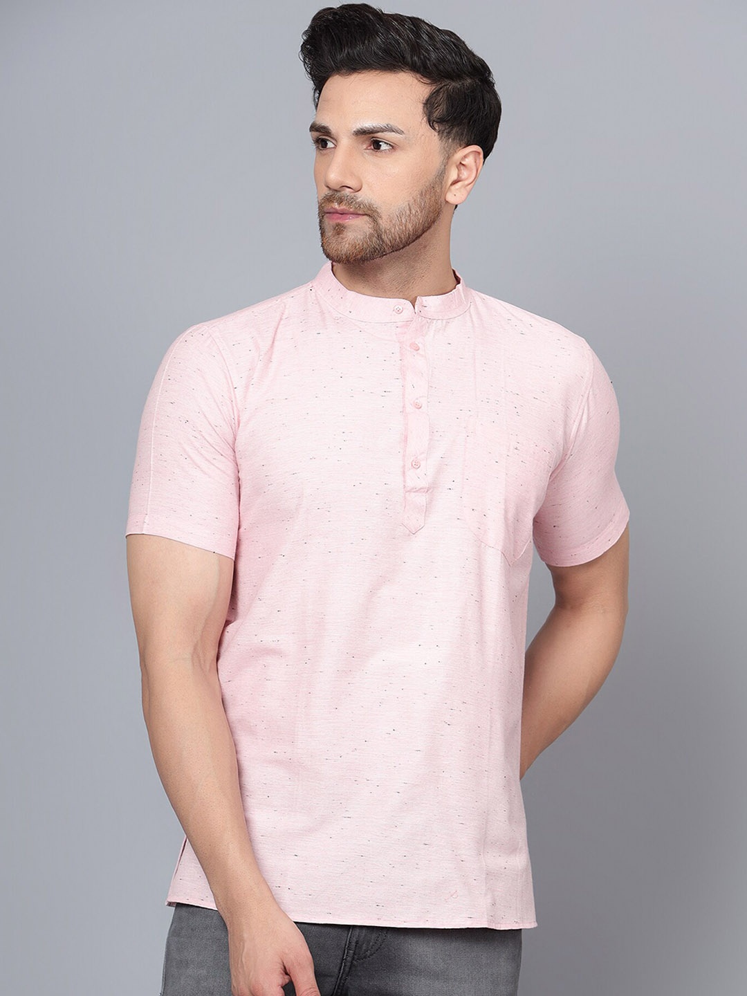 

Latest Chikan Garments Striped Band Collar Pure Cotton Short Kurta, Pink