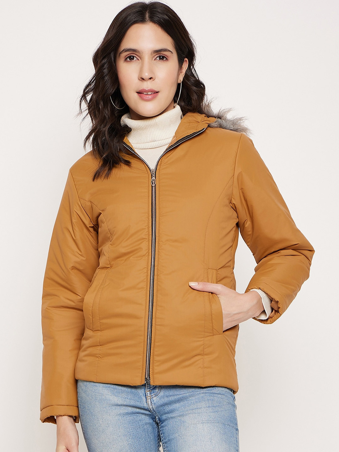 

BETTER THINK Windcheater And Water Resistant Faux Fur Trim Hooded Padded Jacket, Mustard
