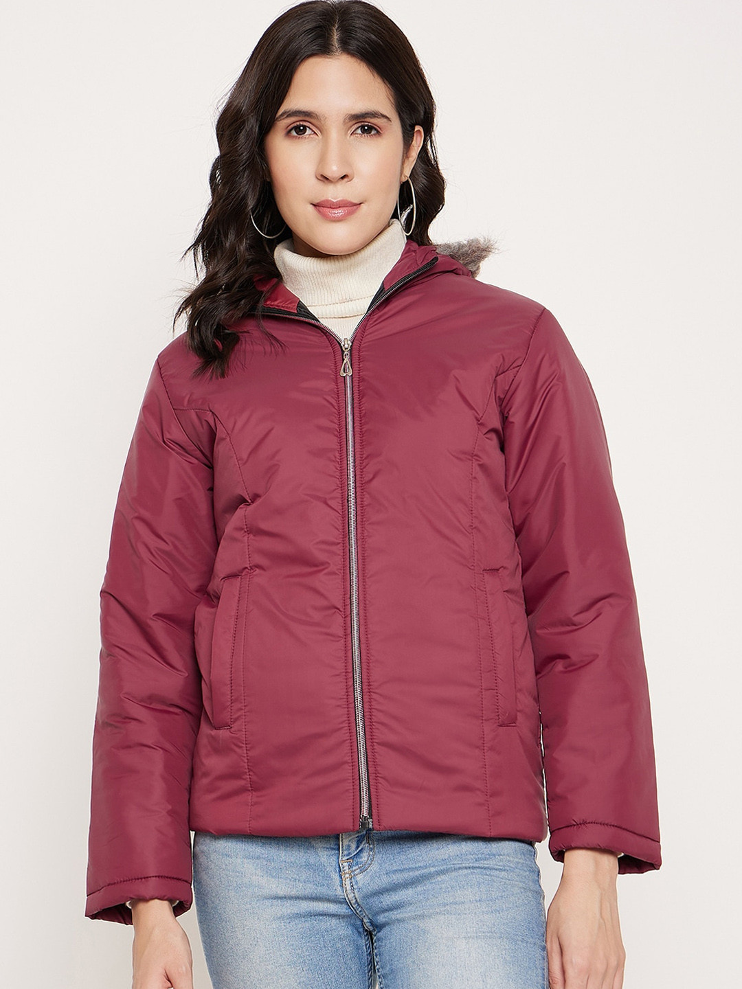 

BETTER THINK Windcheater and Water Resistant Faux Fur Trim Hooded Padded Jacket, Maroon