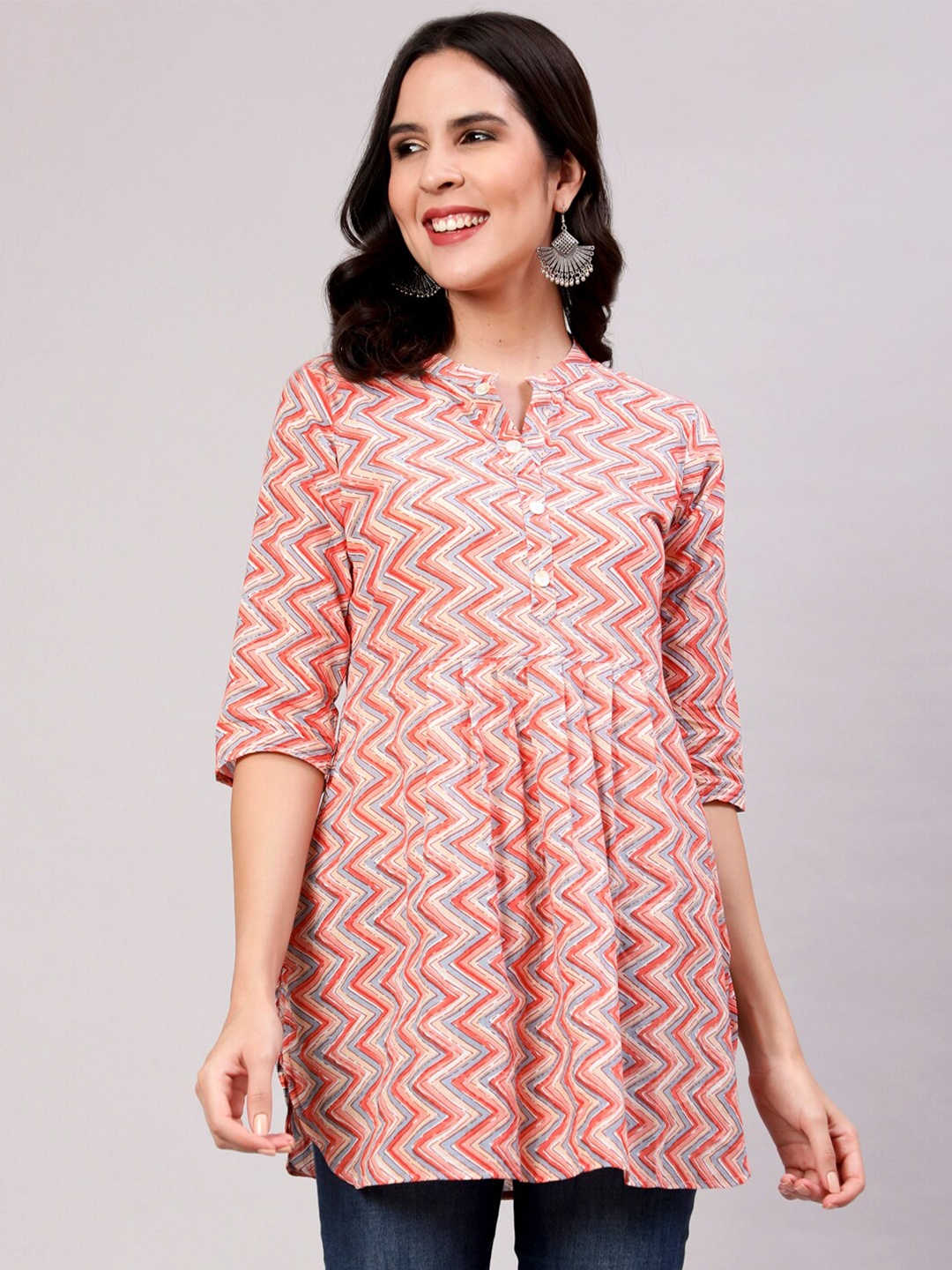 

THE NKS PLUS Chevron Printed Mandarin Collar A-Line Pleated Cotton kurtis, Pink
