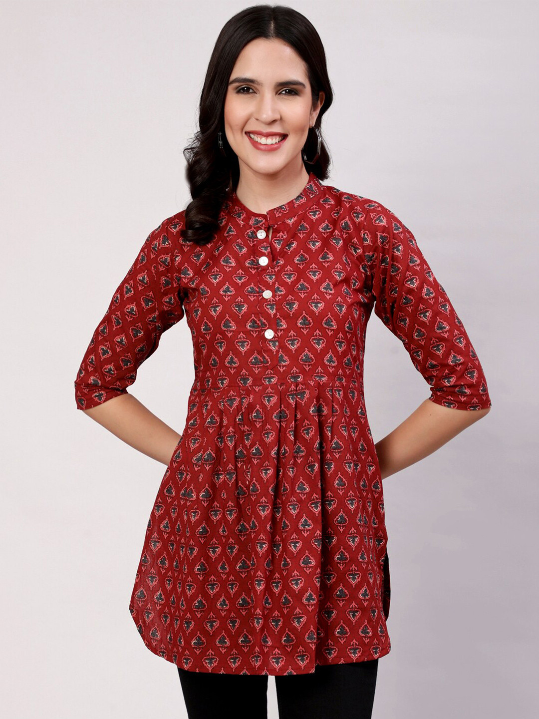 

THE NKS PLUS Floral Printed Mandarin Collar A-Line Pleated Cotton kurtis, Maroon